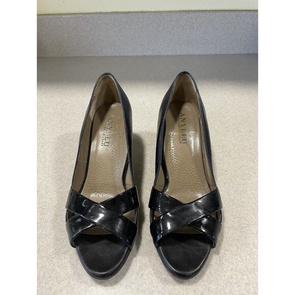 Anyi Lu Women's Slip On Black Tan Patent Leather Wedge Sandals Size 8 (EU 38.5) - Picture 2 of 11